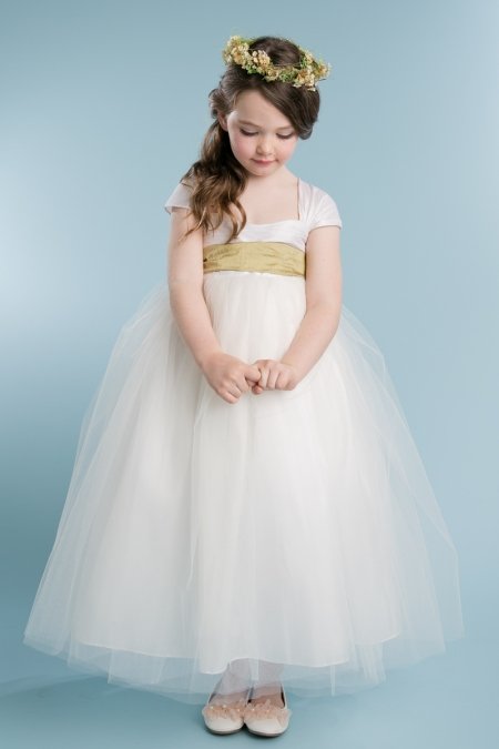 Ivory Poly Silk & Tulle Overlayed Empire Waist Dress with Cup Sleeves Ivory Poly Silk & Tulle Overlayed Empire Waist Dress with Cup Sleeves